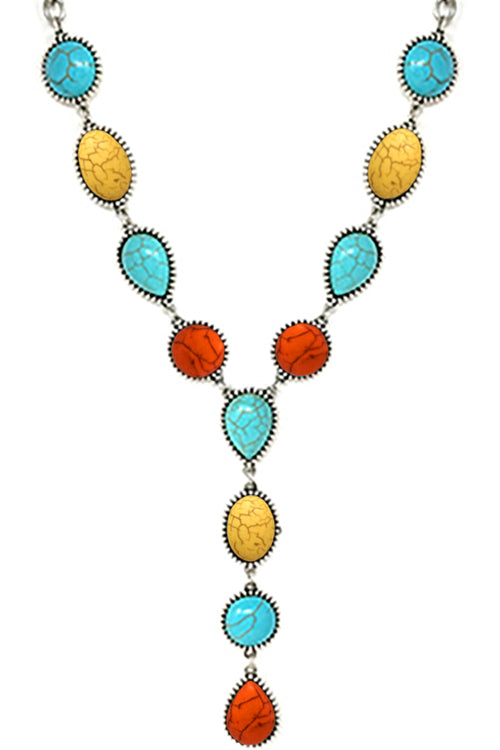 WESTERN CONCHO STYLE TEXTURED SEMI PRECIOUS STONE MULTI SHAPE CASTING LOBSTER CLUSTER LONG Y NECKLACE
