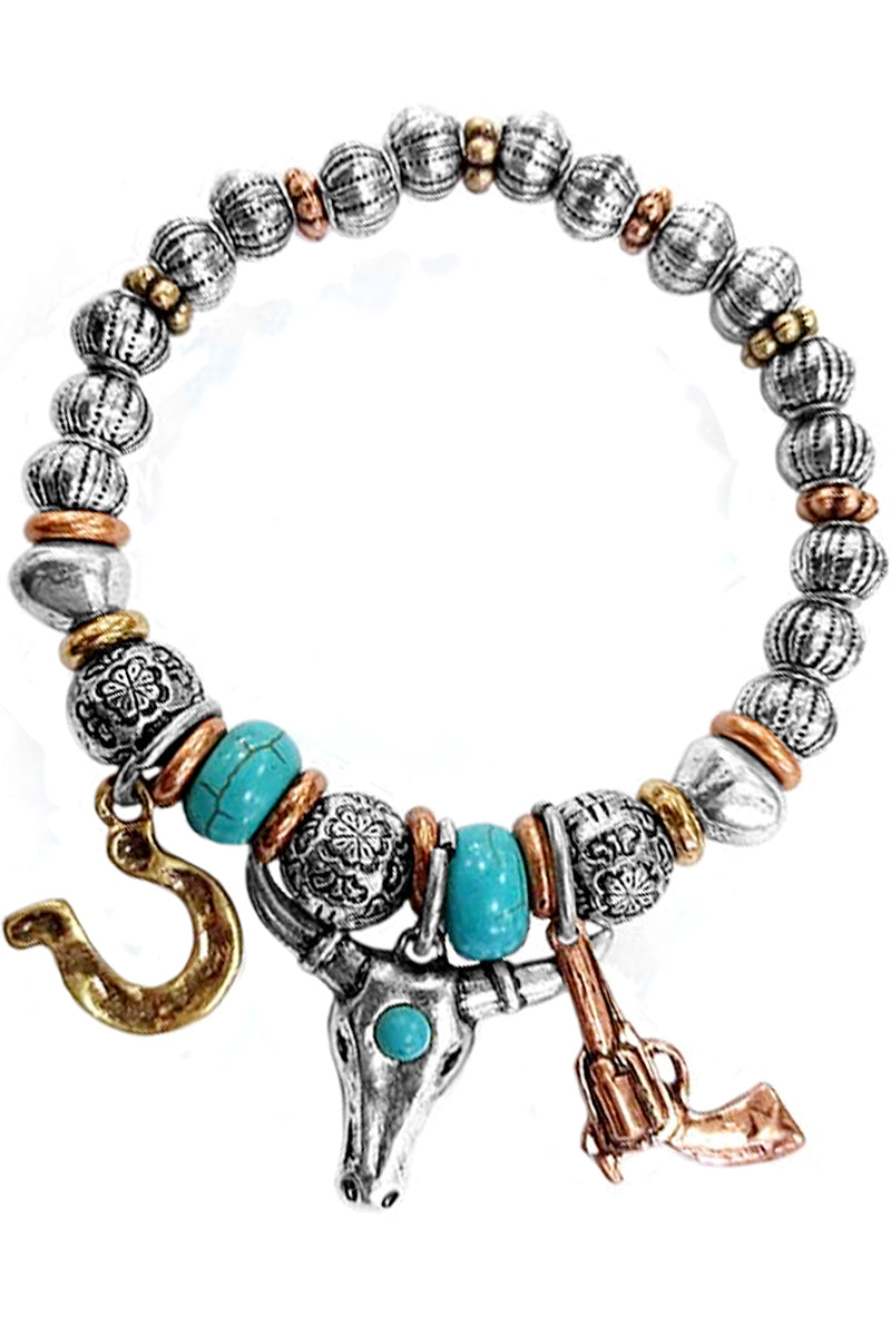 WESTERN BULL HORSE SHOE GUN TQ CHARM BRACELET