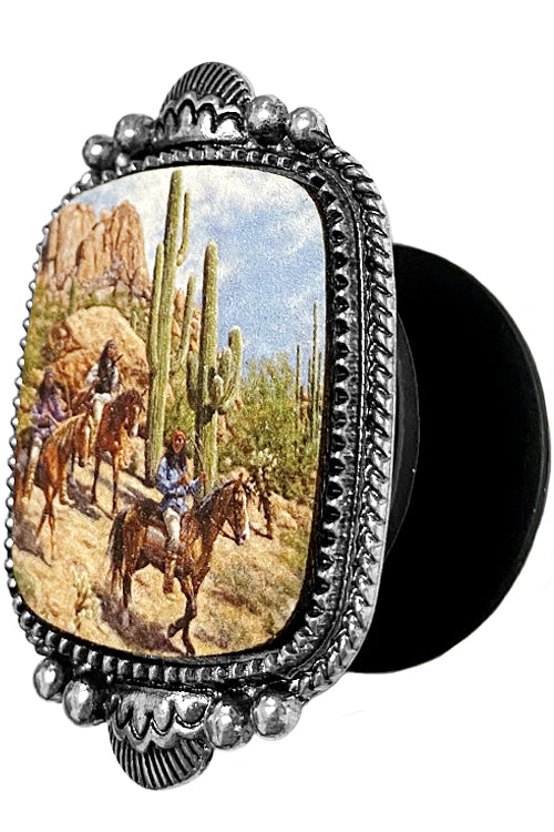 WESTERN CONCHO STYLE CABLE TEXTURED RECTANGULAR SHAPE CASTING LANDSCAPE COWBOY PORTRAIT PRINTED WOOD POP UP PHONE GRIP