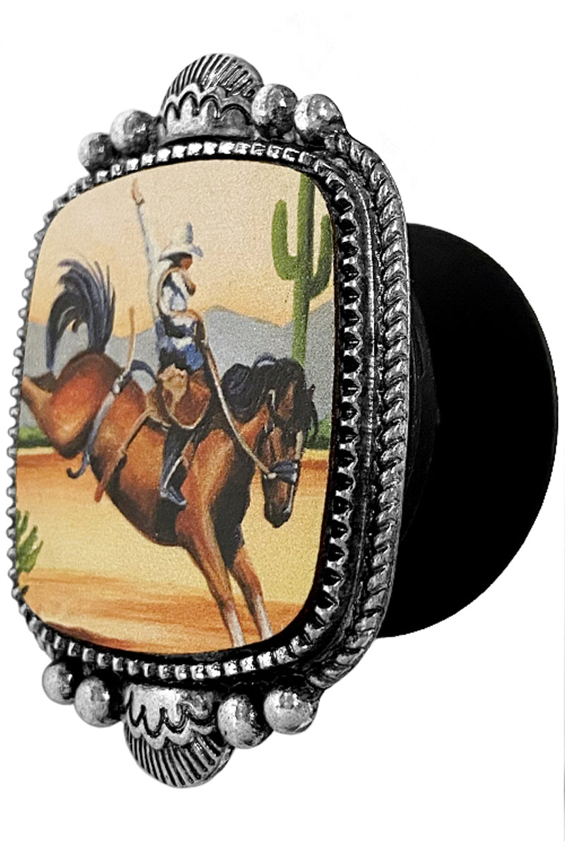 WESTERN CONCHO STYLE CABLE TEXTURED RECTANGULAR SHAPE CASTING WITH COWBOY PRINTED WOOD POP UP PHONE GRIP