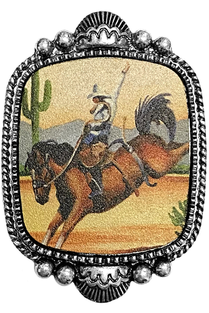 WESTERN CONCHO STYLE CABLE TEXTURED RECTANGULAR SHAPE CASTING WITH COWBOY PRINTED WOOD POP UP PHONE GRIP