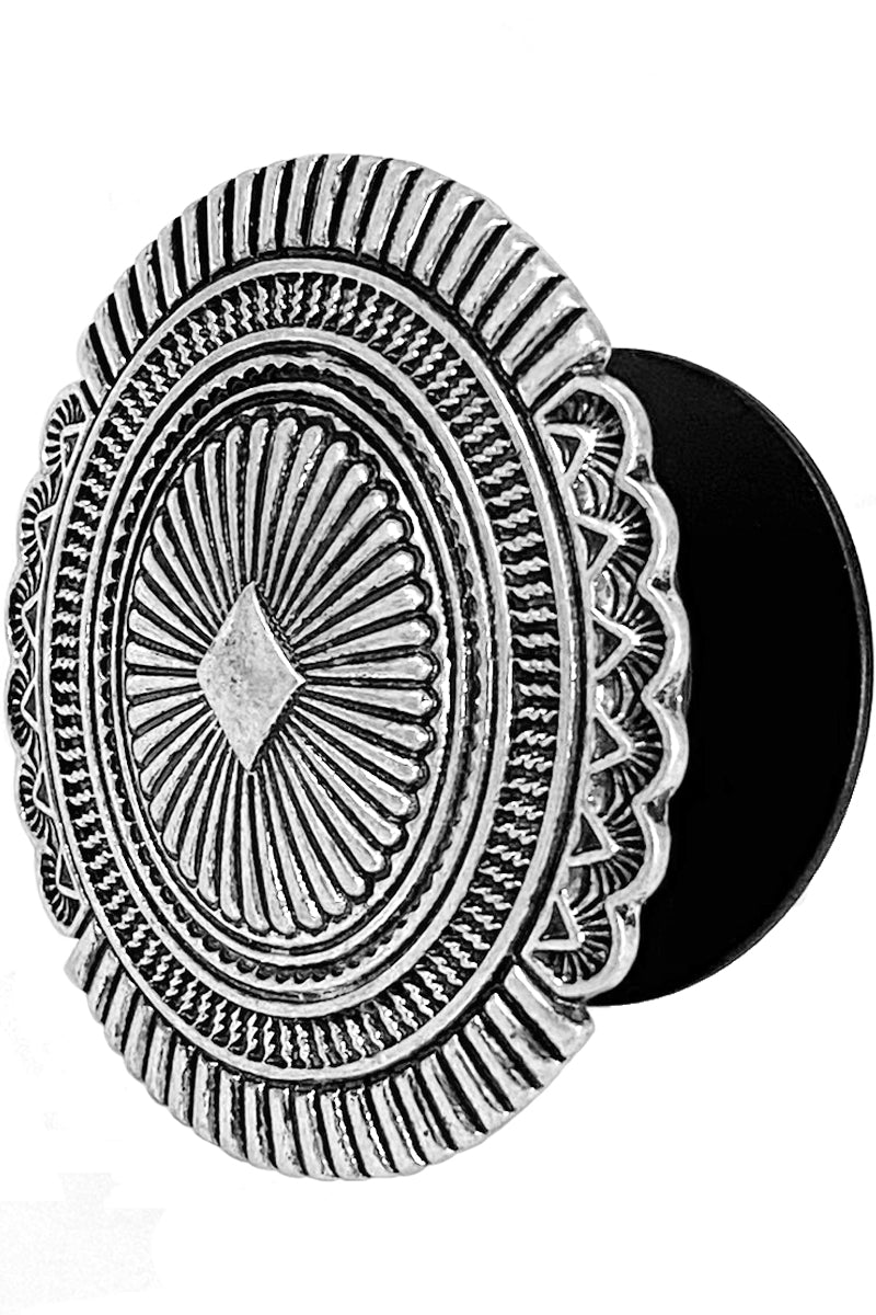 WESTERN CONCHO STYLE AZTEC TEXTURED OVAL CASTING POP UP PHONE GRIP