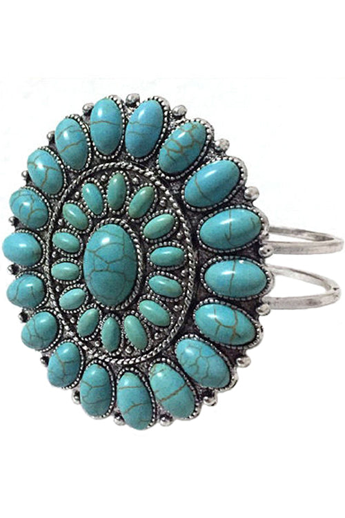 WESTERN STYLE CABLE TEXTURED GEMSTONE CONCHO FLOWER CASTING HINGE BANGLE BRACELET