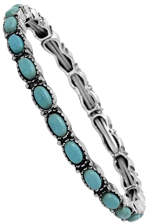 WESTERN CONCHO STYLE TEXTURED TURQUOISE GEMSTONE OVAL CASTING STRETCH THIN BRACELET