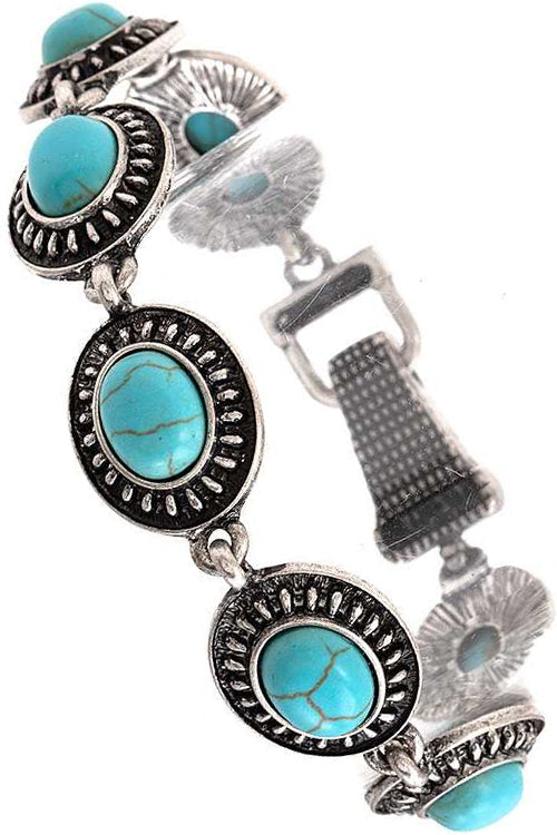 WESTERN CONCHO STYLE TEXTURED TURQUOISE GEMSTONE OVAL SHAPE CASTING MAGNETIC BRACELET