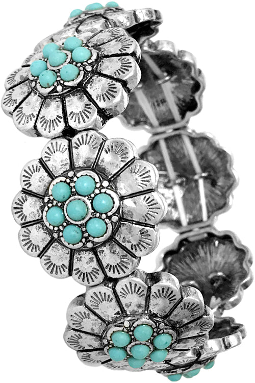 WESTERN STYLE TEXTURED TURQUOISE GEMSTONE CONCHO FLOWER STRETCH BRACELET