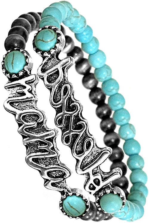 WESTERN CONCHO STYLE TURQUOISE ACCENT BLESSED MAMA MESSAGE NAVAJO PEARL GEMSTONE BALL STACKABLE STRETCH BRACELET 