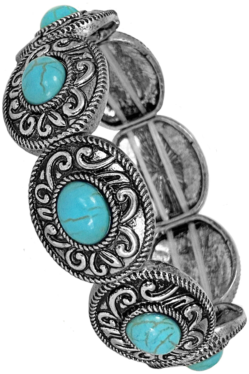 WESTERN STYLE CABLE TEXTURED PAISLEY PATTERN TURQUOISE GEMSTONE OVAL CASTING STRETCH BRACELET