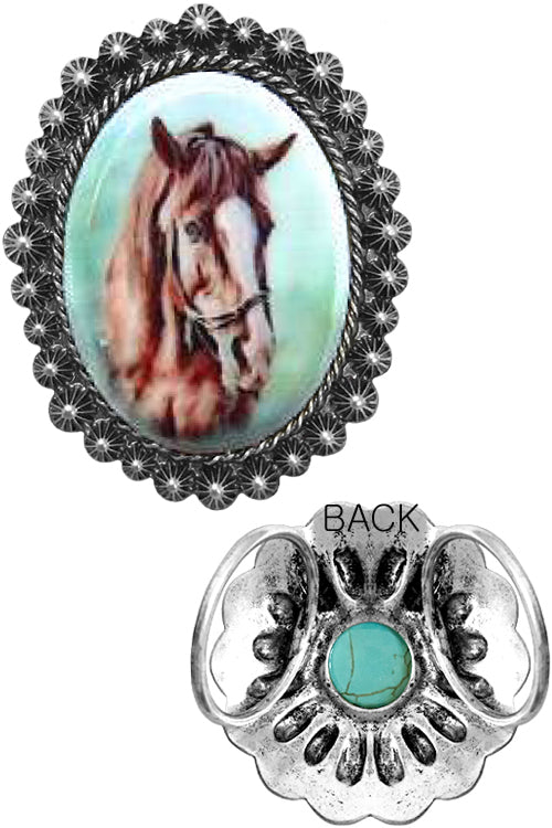 WESTERN CONCHO STYLE TEXTURED OVAL SHAPE CASTING HORSE PRINT GLASS TOP SCARF SLIDE  RING