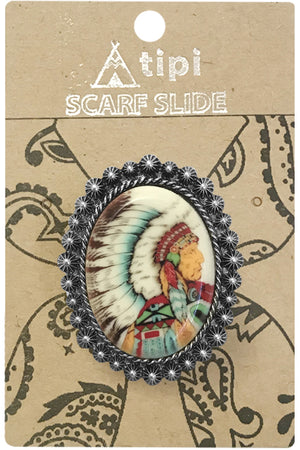 WESTERN CONCHO STYLE TEXTURED OVAL SHAPE CASTING INDIAN CHIEF PRINT GLASS TOP SCARF SLIDE RING