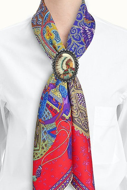 WESTERN CONCHO STYLE TEXTURED OVAL SHAPE CASTING INDIAN CHIEF PRINT GLASS TOP SCARF SLIDE RING