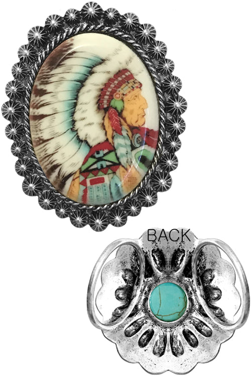 WESTERN CONCHO STYLE TEXTURED OVAL SHAPE CASTING INDIAN CHIEF PRINT GLASS TOP SCARF SLIDE RING