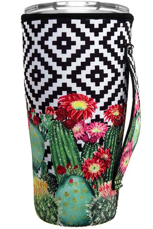 WESTERN STYLE NAVAJO AZTEC GEOMETRIC DESIGN CACTUS FLOWER PRINT PERSONALIZED TUMBLER DRINK SLEEVE WITH HANDLE