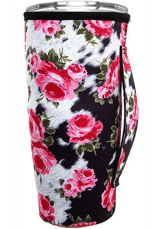 ROSE COWHIDE TUMBLER DRINK SLEEVE WITH HANDLE