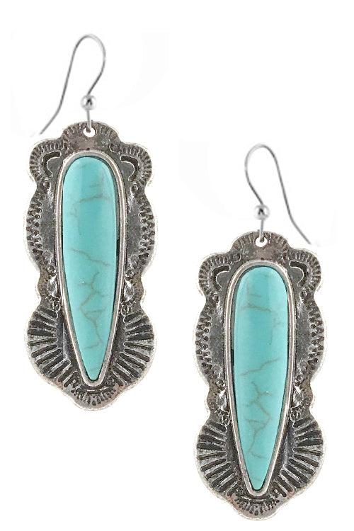 WESTERN STYLE AZTEC TEXTURED GEMSTONE TEARDROP SHAPE CASTING FISH HOOK DANGLING EARRING