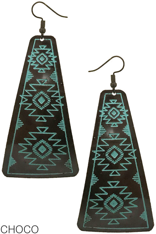 AZTEC WESTERN CONCHO STYLE AZTEC CROSS TEXTURED INDIA HANDMADE TRAPEZOID SHAPE CASTING FISH HOOK DANGLING EARRING