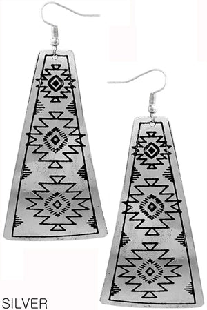 AZTEC WESTERN CONCHO STYLE AZTEC CROSS TEXTURED INDIA HANDMADE TRAPEZOID SHAPE CASTING FISH HOOK DANGLING EARRING