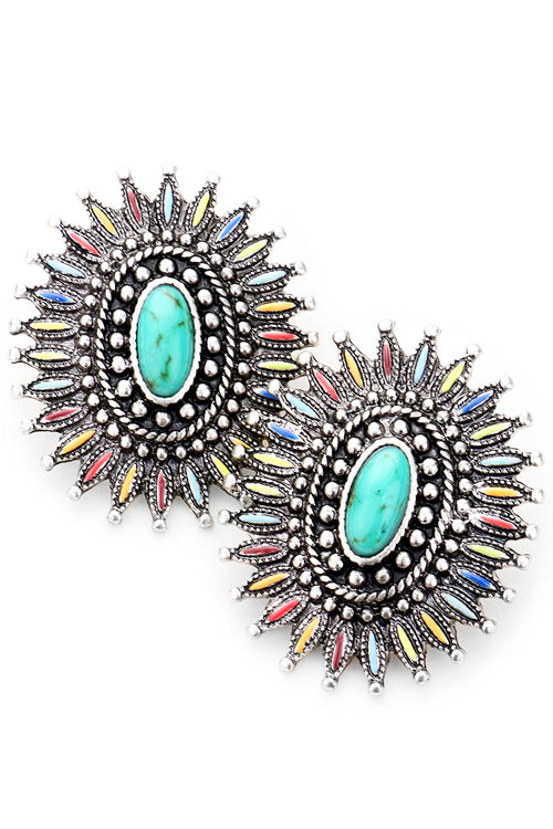 WESTERN STYLE TEXTURED GEMSTONE ENAMEL EPOXY COLOR CONCHO FLOWER CASTING POST EARRING<br>