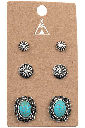 WESTERN CONCHO STYLE TEXTURED OVAL SHAPE CASTING WITH GEMSTONE EARRINGS SET