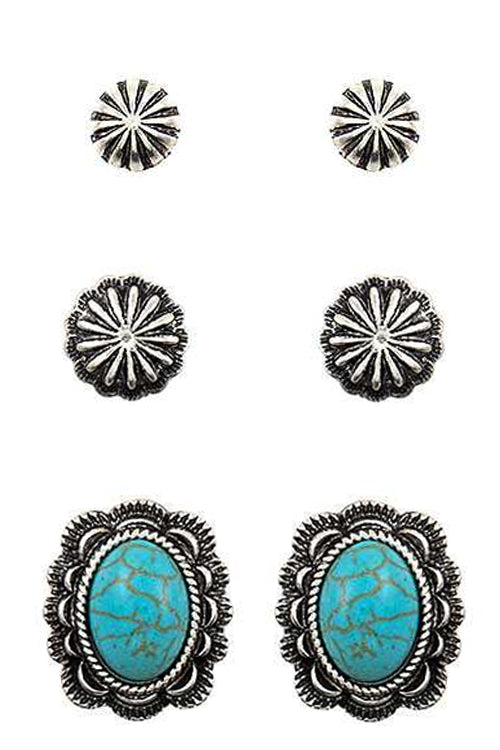 WESTERN CONCHO STYLE TEXTURED OVAL SHAPE CASTING WITH GEMSTONE EARRINGS SET