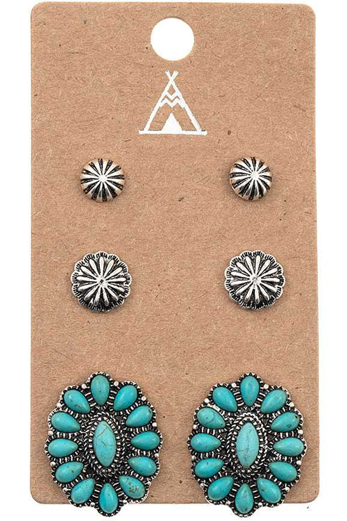 WESTERN STYLE TEXTURED TURQUOISE GEMSTONE CONCHO FLOWER STUD EARRINGS SET