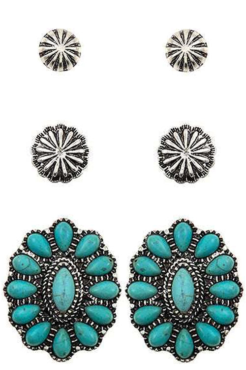 WESTERN STYLE TEXTURED TURQUOISE GEMSTONE CONCHO FLOWER STUD EARRINGS SET