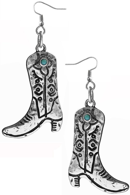 AZTEC TEXTURED TURQUOISE GEMSTONE WESTERN BOOTS CASTING FISH HOOK DANGLING EARRING