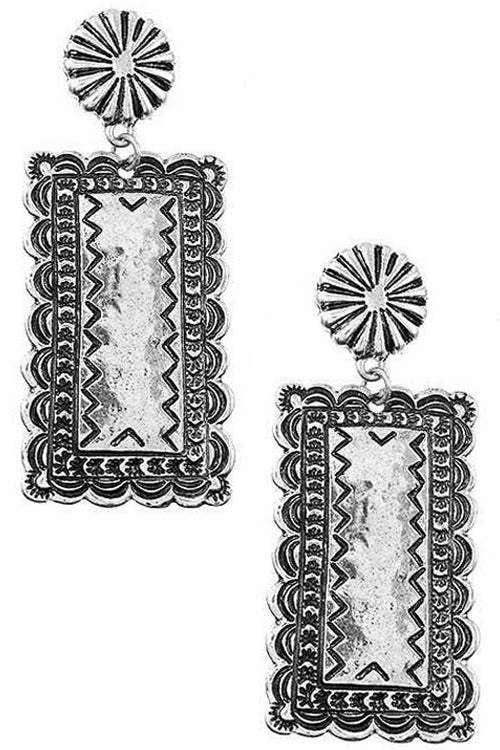 WESTERN STYLE AZTEC TEXTURED INDIAN COIN RECTANGULAR BAR SHAPE CASTING POST DANGLING EARRING