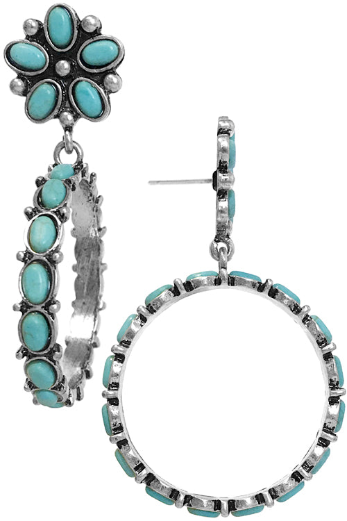 WESTERN STYLE CONCHO STYLE TEXTURED TURQUOISE GEMSTONE CONCHO FLOWER CASTING POST DANGLING HOOP EARRING