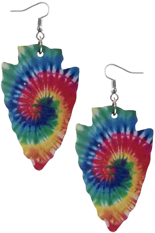 ARROW HEAD TIE DYE PRINT WOOD FISH HOOK EARRING