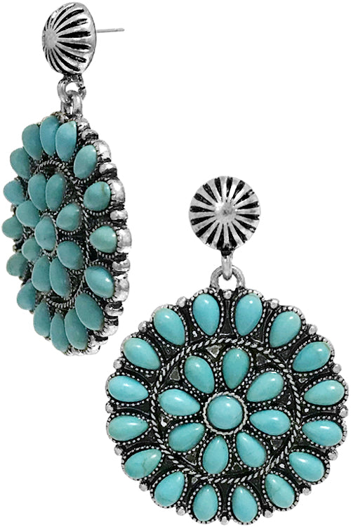 WESTERN STYLE TURQUOISE GEMSTONE CONCHO FLOWER CASTING  POST DANGLING EARRING