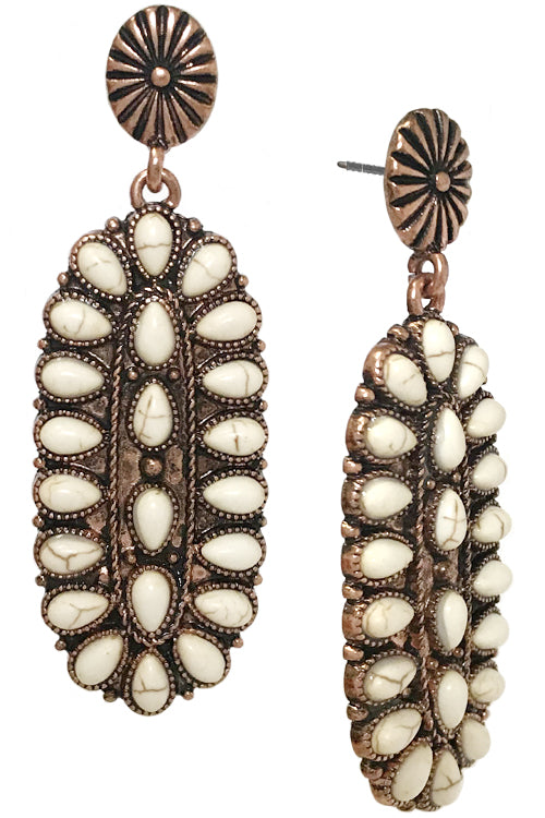 WESTERN STYLE CABLE TEXTURED TURQUOISE GEMSTONE CONCHO OVAL FLOWER STYLE CASTING POST DANGLING EARRING