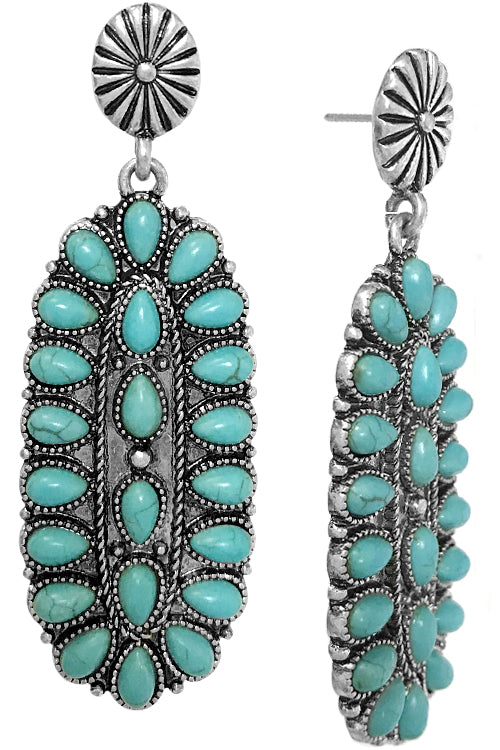 WESTERN STYLE CABLE TEXTURED TURQUOISE GEMSTONE CONCHO OVAL FLOWER STYLE CASTING POST DANGLING EARRING