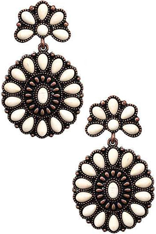 WESTERN STYLE CABLE TEXTURED GEMSTONE CONCHO FLOWER CASTING POST DANGLING EARRING