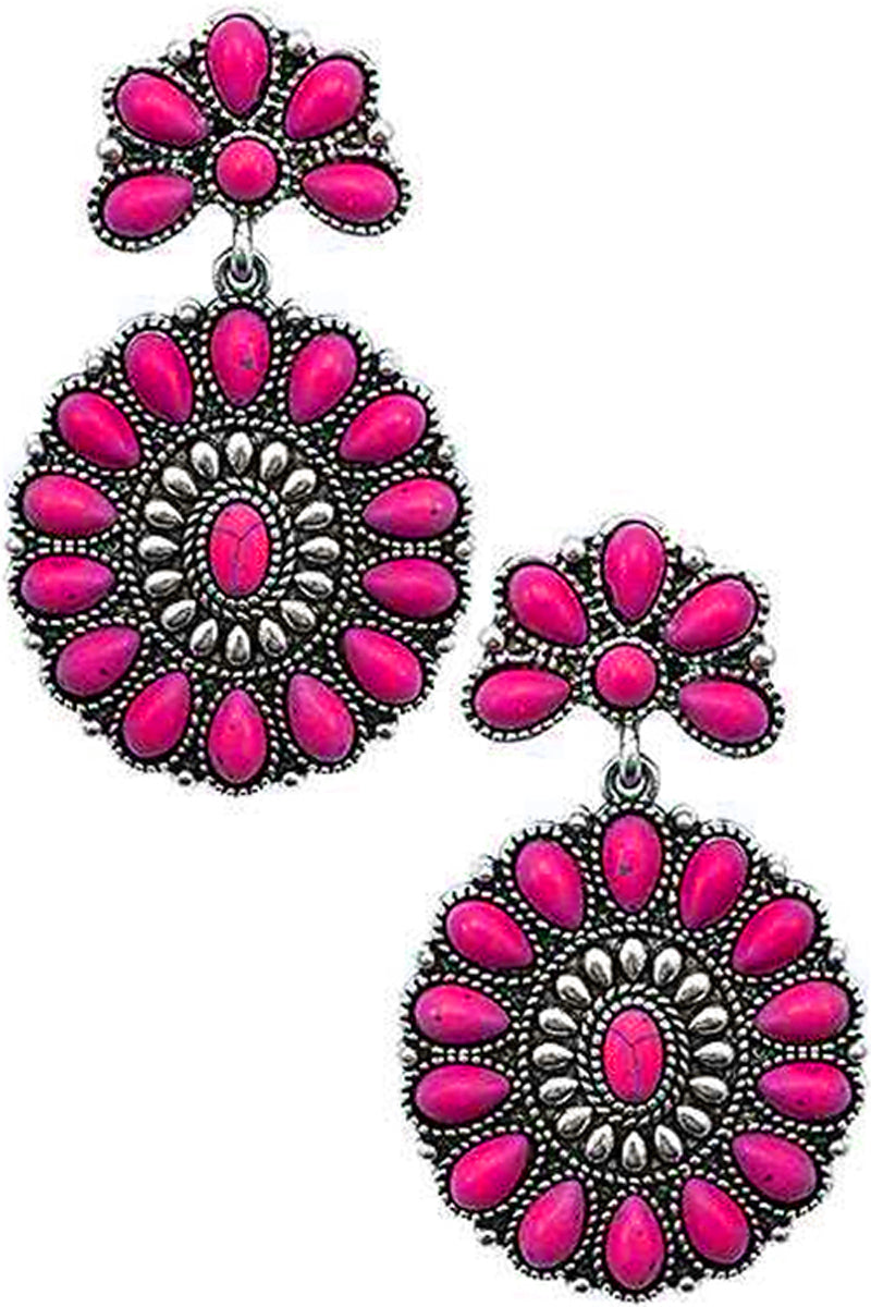 WESTERN STYLE CABLE TEXTURED GEMSTONE CONCHO FLOWER CASTING POST DANGLING EARRING