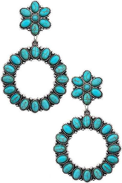 WESTERN STYLE CABLE TEXTURED TURQUOISE GEMSTONE CONCHO FLOWER SHAPE CASTING POST DANGLING HOOP EARRING