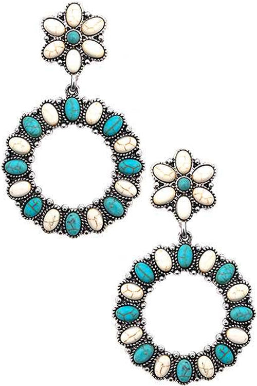 WESTERN STYLE CABLE TEXTURED TURQUOISE GEMSTONE CONCHO FLOWER SHAPE CASTING POST DANGLING HOOP EARRING