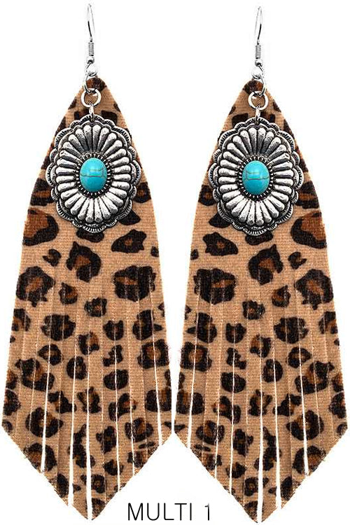 WESTERN NAVAJO STYLE AZTEC TEXTURED TURQUOISE CONCHO FLOWER CASTING CHARM SUEDE TASSEL FISH HOOK DANGLING EARRING