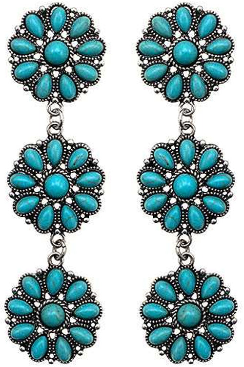 WESTERN STYLE CABLE TEXTURED TURQUOISE GEMSTONE CONCHO FLOWER CASTING DROP POST DANGLING EARRING