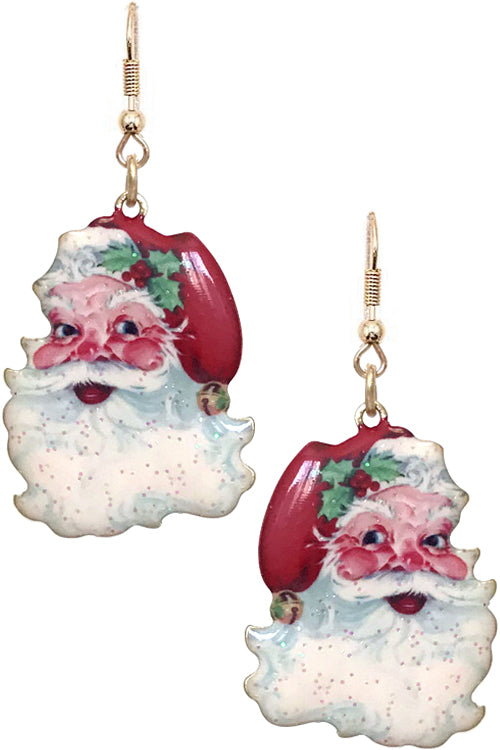 CHRISTMAS SANTA CLAUS ENAMEL GLITTER FISH HOOK DANGLING EARRING