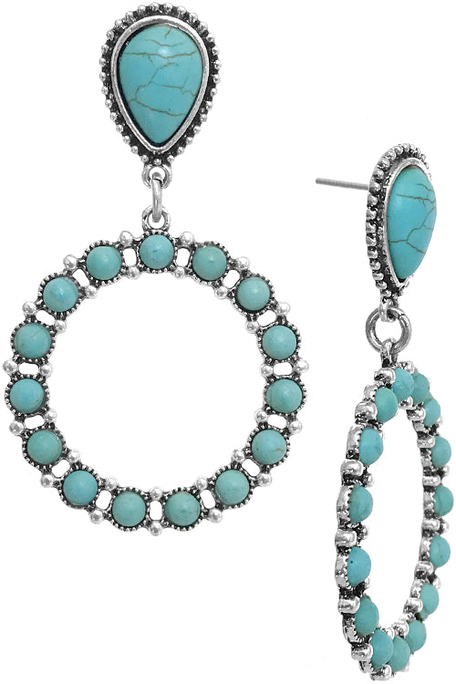 WESTERN CONCHO STYLE DOT TEXTURED TURQUOISE GEMSTONE TEARDROP SHAPE CASTING POST DANGLING HOOP EARRING