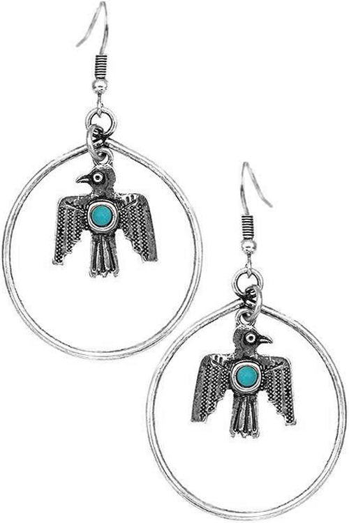 WESTERN STYLE AZTEC TEXTURED TURQUOISE GEMSTONE THUNDER BIRD CASTING CHARM FISH HOOK DANGLING HOOP EARRING