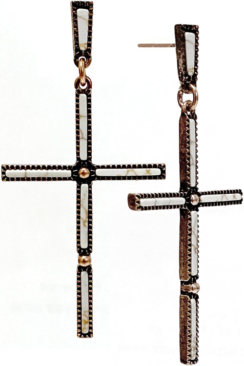 WESTERN CONCHO STYLE TEXTURED GEMSTONE CROSS CASTING POST DANGLING EARRING