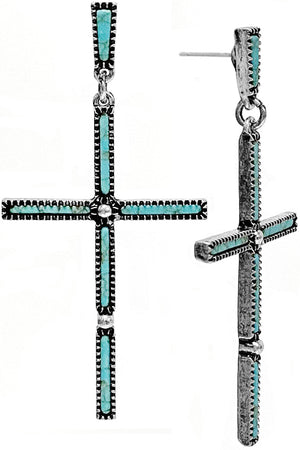 WESTERN CONCHO STYLE TEXTURED GEMSTONE CROSS CASTING POST DANGLING EARRING