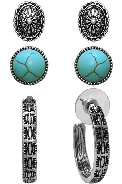 WESTERN STYLE TEXTURED GEMSTONE CONCHO CASTING HOOP STUD EARRINGS SET