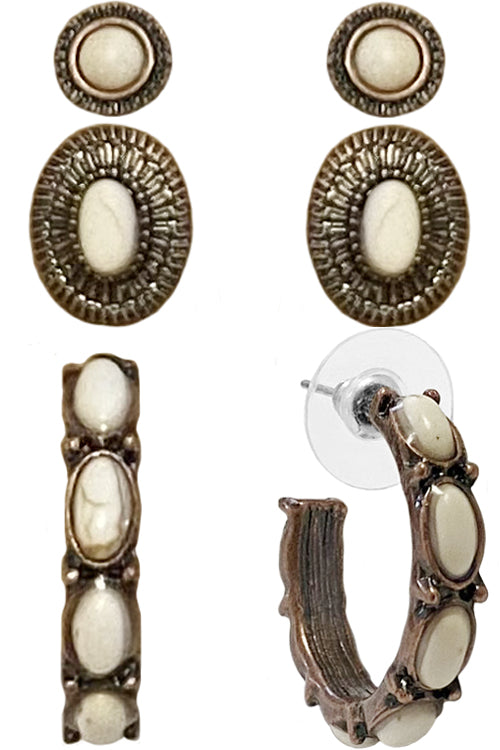 WESTERN STYLE TEXTURED GEMSTONE CONCHO CASTING HOOP STUD EARRINGS SET