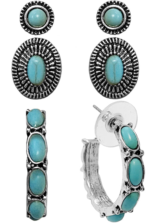 WESTERN STYLE TEXTURED GEMSTONE CONCHO CASTING HOOP EARRINGS SET