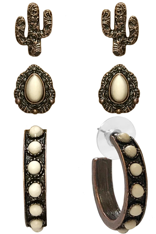 WESTERN STYLE AZTEC TEXTURED GEMSTONE CONCHO CACTUS CASTING HOOP STUD EARRINGS SET