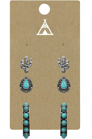 WESTERN STYLE AZTEC TEXTURED GEMSTONE CONCHO CACTUS CASTING HOOP STUD EARRINGS SET