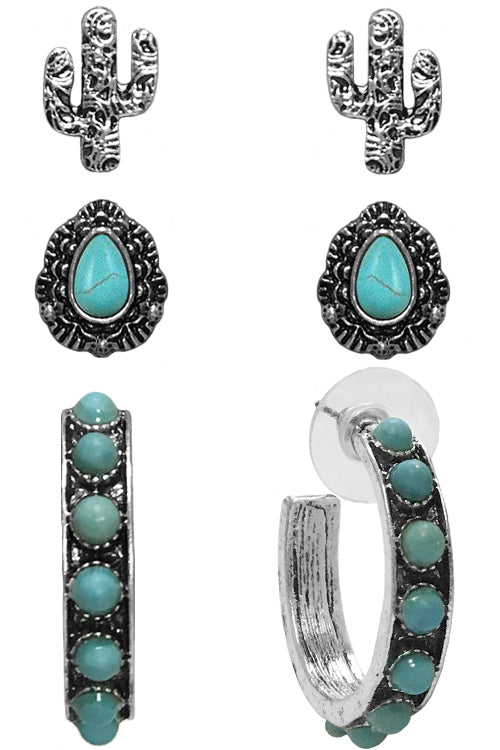 WESTERN STYLE AZTEC TEXTURED GEMSTONE CONCHO CACTUS CASTING HOOP STUD EARRINGS SET